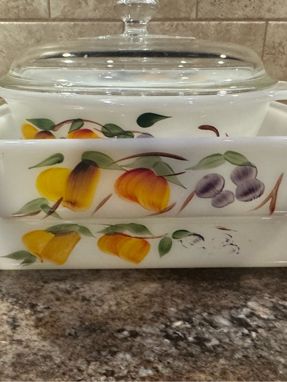Vintage Fire-King Gay Fad Hand Painted Fruit Milk Glass Bakeware Set of 3